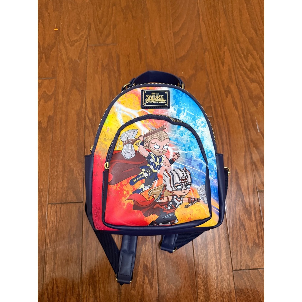 Loungefly Marvel Thor Love and Thunder Chibi Mini Backpack Navy Blue Gold Zip